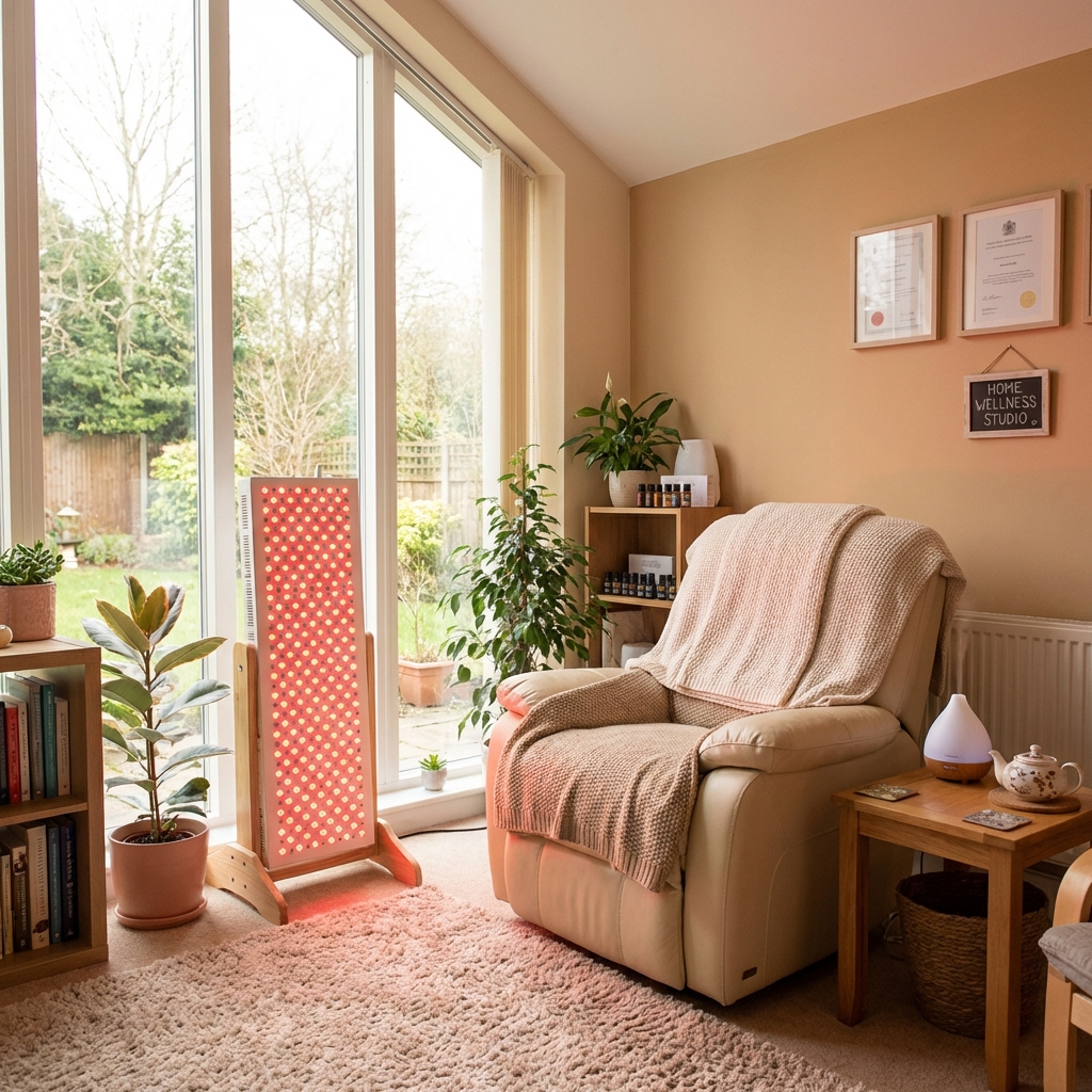 Comfortable red light therapy room with natural lighting